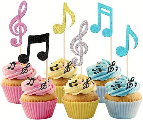 24 Pcs Music Notes Cupcake Toppers Music Themed Party Decorations Glitter Musical Symbol Cupcake Picks for Musician Rock Concert Kids Birthday Baby Shower Wedding Birthday Cake Decorations in Saudi Arabia