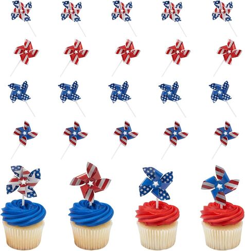 24 x Red, White, Blue Cupcake Toppers By DecoPac, Spinning Pinwheel Decorations, Patriotic Food Safe 4th July Party Decorations - 24 Pack in Kuwait