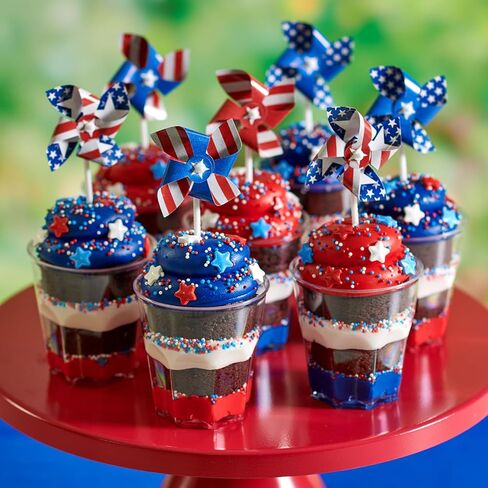 24 x Red, White, Blue Cupcake Toppers By DecoPac, Spinning Pinwheel Decorations, Patriotic Food Safe 4th July Party Decorations - 24 Pack in Kuwait