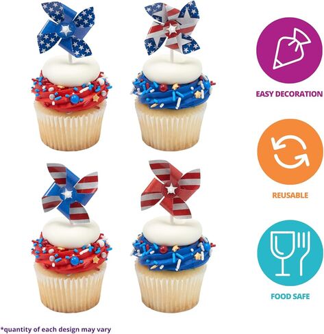 24 x Red, White, Blue Cupcake Toppers By DecoPac, Spinning Pinwheel Decorations, Patriotic Food Safe 4th July Party Decorations - 24 Pack in Kuwait