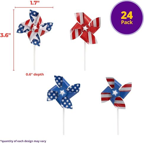 24 x Red, White, Blue Cupcake Toppers By DecoPac, Spinning Pinwheel Decorations, Patriotic Food Safe 4th July Party Decorations - 24 Pack in Kuwait