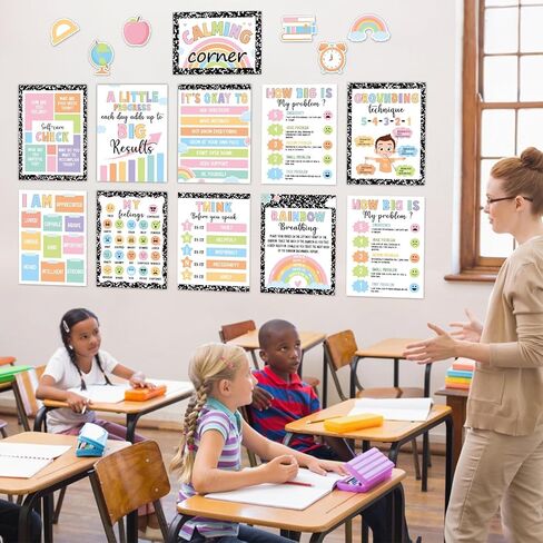 19pcs تكوين دفتر الملاحظات تهدئة ركن الفصول الدراسية ملصقات تهدئة الزاوية العاطفة المشاعر الرسم البياني التعليمي الصحة العقلية ملصق العودة إلى المدرسة جدار الفن لوحة الإعلانات ديكور لمكتب المدرسة in Kuwait