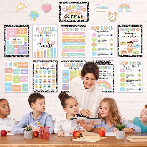 19pcs تكوين دفتر الملاحظات تهدئة ركن الفصول الدراسية ملصقات تهدئة الزاوية العاطفة المشاعر الرسم البياني التعليمي الصحة العقلية ملصق العودة إلى المدرسة جدار الفن لوحة الإعلانات ديكور لمكتب المدرسة in Kuwait