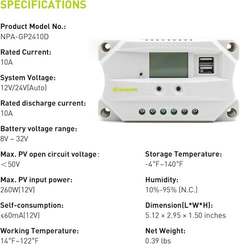 Newpowa 10A PWM Solar Charge Controller 12V/24V Auto Dual USB Port with LCD Display in Saudi Arabia