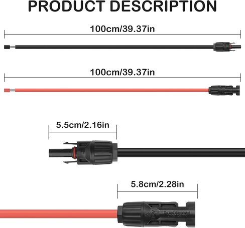 كابل تمديد اللوحة الشمسية من MEIRIYFA، سلك شمسي 10AWG مع موصل أنثى ذكر IP67 سلك ضفيرة لوحة شمسية مقاوم للماء 30 أمبير/1000 فولت تيار مستمر للألواح الشمسية وأجهزة التحكم والمركبات الترفيهية والقارب (1 متر أحمر + 1 متر أسود) in Kuwait