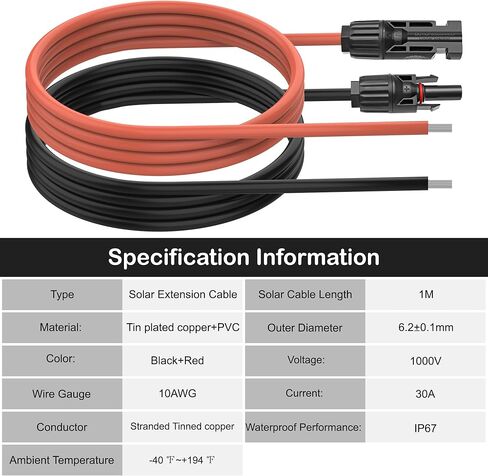 كابل تمديد اللوحة الشمسية من MEIRIYFA، سلك شمسي 10AWG مع موصل أنثى ذكر IP67 سلك ضفيرة لوحة شمسية مقاوم للماء 30 أمبير/1000 فولت تيار مستمر للألواح الشمسية وأجهزة التحكم والمركبات الترفيهية والقارب (1 متر أحمر + 1 متر أسود) in Kuwait