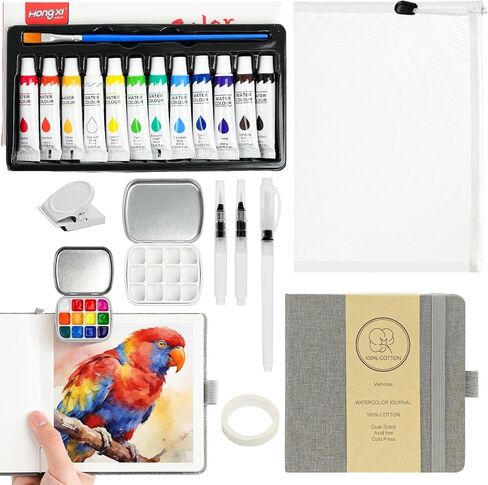 مجموعة كراسة رسم مائية بغطاء من الكتان مقاس 5.5 بوصة × 5.5 بوصة من Vienrose للسفر والرسم الخارجي مع لوحة ألوان مائية صغيرة محمولة، وألوان مائية 12 لونًا، و3 أقلام، وشريط فنان وحقيبة تخزين in Kuwait