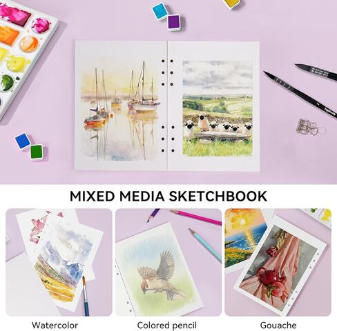 Lightwish Watercolor Paper Bulk Refillable, 100% Cotton Cold Press 300gsm/140lb, 2 Pack, Total 40 Sheets Hole-Punched Replaceable Paper for Artists, Adults, Students,6.69 * 3.94 Inches in Kuwait
