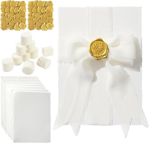 Prudiut 50 Sets Wedding Invitation Kit, 5x7 Handmade Paper, 300GSM Watercolor Paper, Self Adhesive Gold Wax Seal Stickers and 10 Rolls Chiffon Ribbon for Wedding Invitations Cards Craft DIY in Kuwait