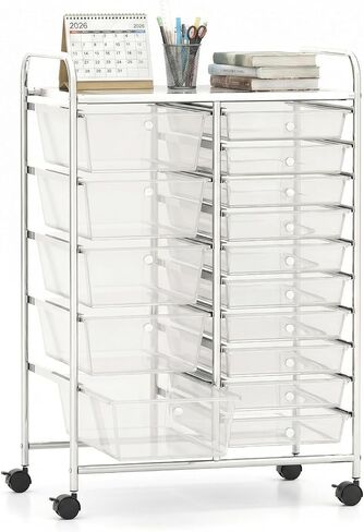 POWERSTONE Rolling Cart with 15 Drawers Multipurpose Storage Organizer with Lockable Wheels Metal Frame & Plastic Drawers Mobile Utility Cart for Home Office School Garage Clear in Saudi Arabia