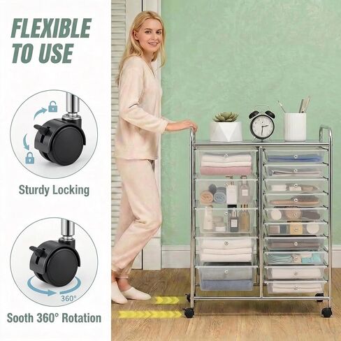 POWERSTONE Rolling Cart with 15 Drawers Multipurpose Storage Organizer with Lockable Wheels Metal Frame & Plastic Drawers Mobile Utility Cart for Home Office School Garage Clear in Saudi Arabia