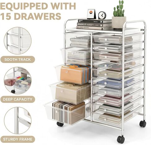 POWERSTONE Rolling Cart with 15 Drawers Multipurpose Storage Organizer with Lockable Wheels Metal Frame & Plastic Drawers Mobile Utility Cart for Home Office School Garage Clear in Saudi Arabia