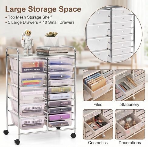POWERSTONE Rolling Cart with 15 Drawers Multipurpose Storage Organizer with Lockable Wheels Metal Frame & Plastic Drawers Mobile Utility Cart for Home Office School Garage Clear in Saudi Arabia
