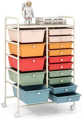 POWERSTONE Rolling Cart with 15 Drawers Multipurpose Storage Organizer with Lockable Wheels Metal Frame & Plastic Drawers Mobile Utility Cart for Home Office School Garage Clear in Saudi Arabia