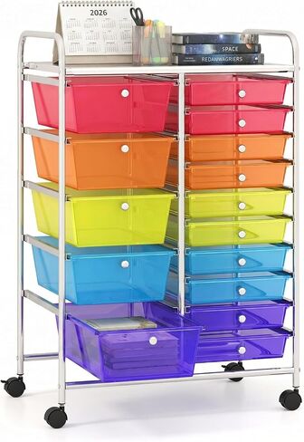 POWERSTONE Rolling Cart with 15 Drawers Multipurpose Storage Organizer with Lockable Wheels Metal Frame & Plastic Drawers Mobile Utility Cart for Home Office School Garage Clear in Saudi Arabia