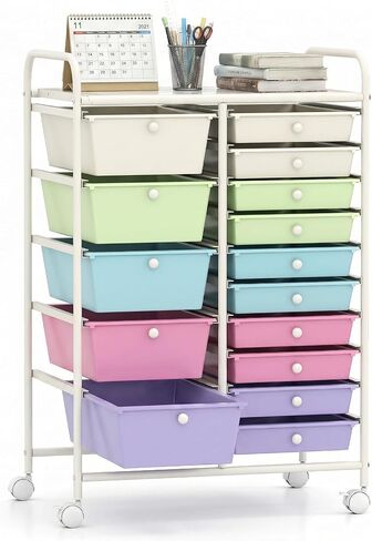 POWERSTONE Rolling Cart with 15 Drawers Multipurpose Storage Organizer with Lockable Wheels Metal Frame & Plastic Drawers Mobile Utility Cart for Home Office School Garage Clear in Saudi Arabia