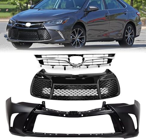 Front Bumper Cover + Upper & Lower Grille Assembly Fit For 2015 2016 2017 Toyota Camry SE XSE Sedan | Black Bumper Honeycomb Mesh Grill Assembly | 5310106441, 5311206280, 5211907912 in Kuwait