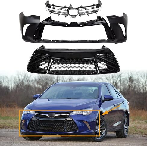 Front Bumper Cover + Upper & Lower Grille Assembly Fit For 2015 2016 2017 Toyota Camry SE XSE Sedan | Black Bumper Honeycomb Mesh Grill Assembly | 5310106441, 5311206280, 5211907912 in Kuwait