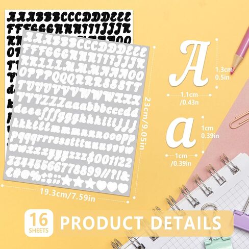 Bighan 0.5 Inch Vinyl Letter Number Sticker, 16 Sheets Self Adhesive Alphabet Number Sticker Symbol Stickers for Sign, Decor, Scrap Booking, Crafts and Decoration - Handwritten Black&White in Kuwait