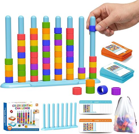 Color Challenge Game – 2 Pack Color Matching Puzzle Game for Family Game Night and Party, Board Game for Kids 6-8-12, Adults, Stacking Game with 2 Stack Racks, 100 Cards, 120 Rings, Bell, Storage Bag‌ in Saudi Arabia