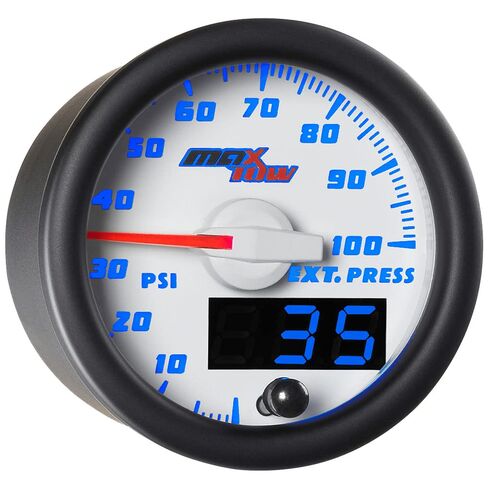 مجموعة قياس ضغط محرك العادم MaxTow Double Vision 100 PSI - تتضمن مستشعرًا وخرطوم نحاسي وتركيبات - وجه مقياس أبيض - قرص LED أزرق - قراءات تناظرية ورقمية - لشاحنات الديزل - 2-1/16 بوصة in Kuwait