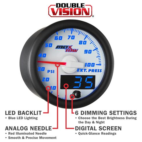 مجموعة قياس ضغط محرك العادم MaxTow Double Vision 100 PSI - تتضمن مستشعرًا وخرطوم نحاسي وتركيبات - وجه مقياس أبيض - قرص LED أزرق - قراءات تناظرية ورقمية - لشاحنات الديزل - 2-1/16 بوصة in Kuwait