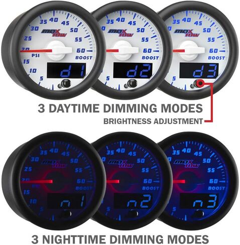 مقياس ضغط حاجز الوقود MaxTow Double Vision 30,000 PSI - متوافق مع Chevy Duramax 2002-2018 6.6L & Dodge Cummins Diesel 2003-2018 5.9L / 6.7L - وجه مقياس أبيض - قرص LED أزرق - 2-1/16 بوصة 52 مم in Kuwait