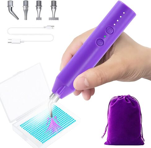 Lanzeyo Diamond Art Electric Pen, Rechargeable & Quiet Electric Diamond Painting Pen with Light, 3 Brightness Levels, 4 Metal Tips - Perfect Diamond Art Accessories for Crafters(Purple) in Saudi Arabia