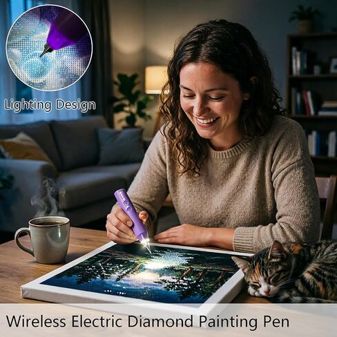 Lanzeyo Diamond Art Electric Pen, Rechargeable & Quiet Electric Diamond Painting Pen with Light, 3 Brightness Levels, 4 Metal Tips - Perfect Diamond Art Accessories for Crafters(Purple) in Saudi Arabia