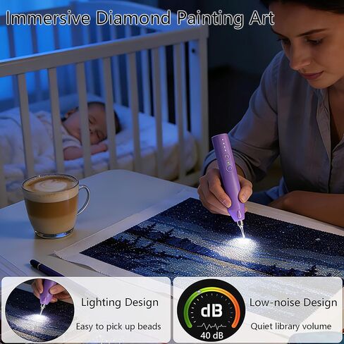 Lanzeyo Diamond Art Electric Pen, Rechargeable & Quiet Electric Diamond Painting Pen with Light, 3 Brightness Levels, 4 Metal Tips - Perfect Diamond Art Accessories for Crafters(Purple) in Saudi Arabia