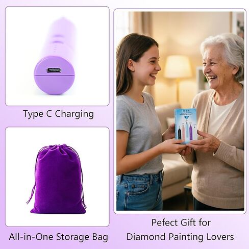 Lanzeyo Diamond Art Electric Pen, Rechargeable & Quiet Electric Diamond Painting Pen with Light, 3 Brightness Levels, 4 Metal Tips - Perfect Diamond Art Accessories for Crafters(Purple) in Saudi Arabia