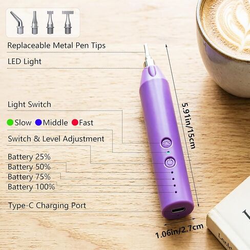 Lanzeyo Diamond Art Electric Pen, Rechargeable & Quiet Electric Diamond Painting Pen with Light, 3 Brightness Levels, 4 Metal Tips - Perfect Diamond Art Accessories for Crafters(Purple) in Saudi Arabia