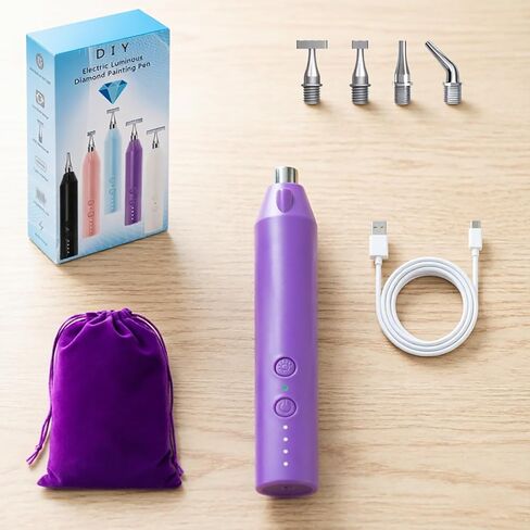 Lanzeyo Diamond Art Electric Pen, Rechargeable & Quiet Electric Diamond Painting Pen with Light, 3 Brightness Levels, 4 Metal Tips - Perfect Diamond Art Accessories for Crafters(Purple) in Saudi Arabia