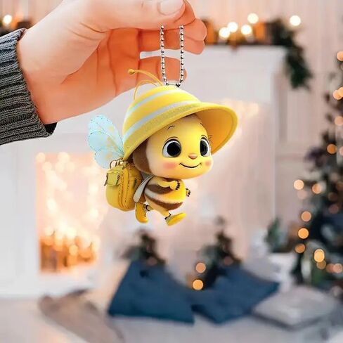 Cute Bee Keychains Print 2D Flat Acrylic Pendant Car Rear View Mirror Decorative Key Chain Accessories,7.8 * 7.3 * 0.3cm in Kuwait