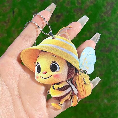 Cute Bee Keychains Print 2D Flat Acrylic Pendant Car Rear View Mirror Decorative Key Chain Accessories,7.8 * 7.3 * 0.3cm in Kuwait