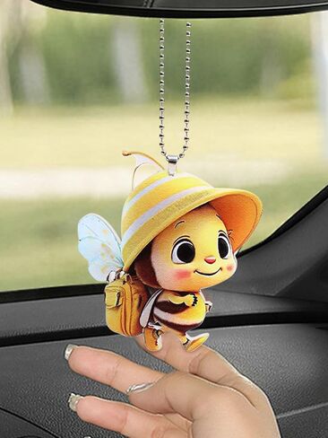 Cute Bee Keychains Print 2D Flat Acrylic Pendant Car Rear View Mirror Decorative Key Chain Accessories,7.8 * 7.3 * 0.3cm in Kuwait
