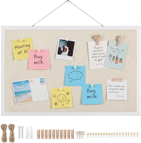 Thboxes Cork Board with Linen, 30" x 20" Double-Sided Bulletin Board Corkboard for Wall Picture Display Framed Vision Boards for Home Office School Pin Boards with 20 Pushpins &10 Clips in Kuwait