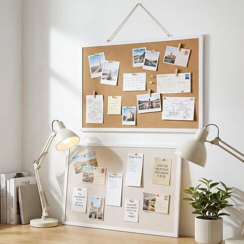 Thboxes Cork Board with Linen, 30" x 20" Double-Sided Bulletin Board Corkboard for Wall Picture Display Framed Vision Boards for Home Office School Pin Boards with 20 Pushpins &10 Clips in Kuwait