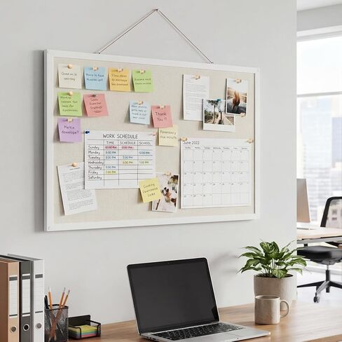 Thboxes Cork Board with Linen, 30" x 20" Double-Sided Bulletin Board Corkboard for Wall Picture Display Framed Vision Boards for Home Office School Pin Boards with 20 Pushpins &10 Clips in Kuwait