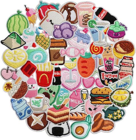 55 Pcs Cartoon Food Iron On/Sew On Patches, Cute Coloful Embroidered Patches with Hamburger Drink Fruit, Applique Patches for Clothes Backpacks Hats Pants Jackets Jeans, DIY Accessories in Kuwait