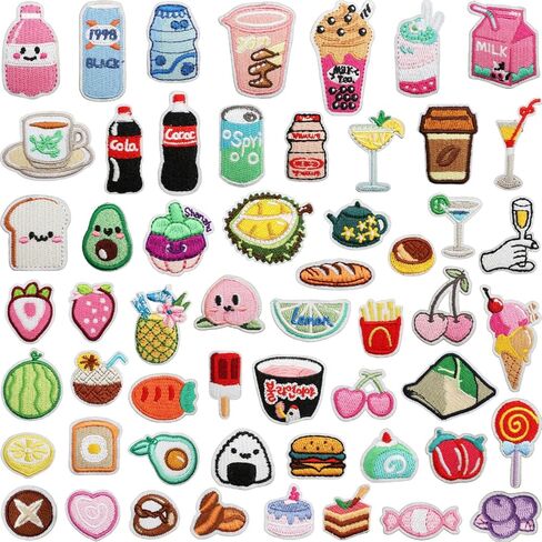 55 Pcs Cartoon Food Iron On/Sew On Patches, Cute Coloful Embroidered Patches with Hamburger Drink Fruit, Applique Patches for Clothes Backpacks Hats Pants Jackets Jeans, DIY Accessories in Kuwait