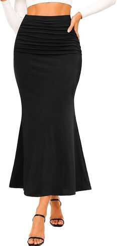 Avanova Women High Waisted Ruched Maxi Skirt Stretchy Slim Fit Bodycon Long Mermaid Skirt in Saudi Arabia