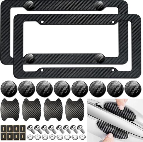 Carbon Fiber License Plate Frames- 2 Pack Plastic Black Front & Rear Car Plate Frame Holder with Screws, Car Door Handlebar Stickers in Saudi Arabia