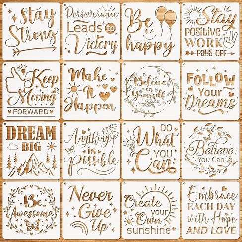 JSRQT 16Pcs Inspirational Word Stencils for Painting, Reusable Plastic Quotes Stencils for Craft, Motivational Drawing Painting Template Kit for DIY Wood Wall Shirt Canvas, and Card Making, 20×20 CM in Saudi Arabia