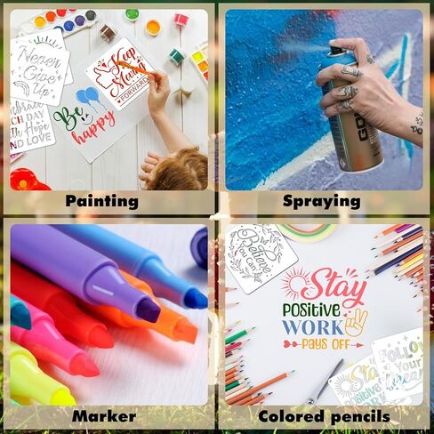 JSRQT 16Pcs Inspirational Word Stencils for Painting, Reusable Plastic Quotes Stencils for Craft, Motivational Drawing Painting Template Kit for DIY Wood Wall Shirt Canvas, and Card Making, 20×20 CM in Saudi Arabia