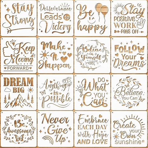 JSRQT 16Pcs Inspirational Word Stencils for Painting, Reusable Plastic Quotes Stencils for Craft, Motivational Drawing Painting Template Kit for DIY Wood Wall Shirt Canvas, and Card Making, 20×20 CM in Saudi Arabia