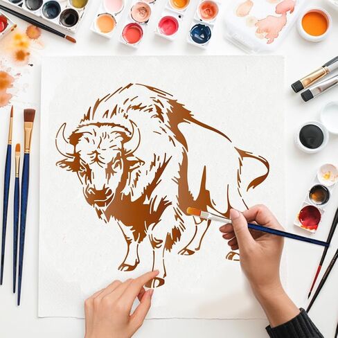 MAYJOYDIY Bison Stencils Cattle Farm Animal Reusable Stencils for Painting 11.8x11.8 Inches Buffalo Spanish Bullfight Drawing Templates with Paint Brush for Wood Wall Home Gift Decoration in Saudi Arabia