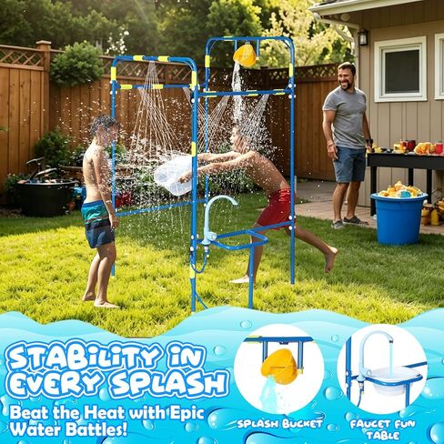 Backyard Waterpark for Kids, Heavy-Duty Steel Water Park Sprinkler Toy Game with Splash Buckets, Collapsible Wash Basin & Water Faucets, Water Play Activities Outdoor Summer Toys in Saudi Arabia