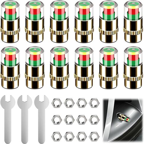 12 PCS Tire Pressure Monitor Valve Stem Caps, 2.4Bar 36PSI Car Tire Pressure Monitor Sensor Indicator with 3 Wrenches, 12 Hex Nuts, 3-Color Eye Alert, All-Copper Anti-Theft, Fit for Most Cars in Kuwait