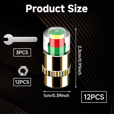 12 PCS Tire Pressure Monitor Valve Stem Caps, 2.4Bar 36PSI Car Tire Pressure Monitor Sensor Indicator with 3 Wrenches, 12 Hex Nuts, 3-Color Eye Alert, All-Copper Anti-Theft, Fit for Most Cars in Kuwait